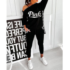Pink Letter Print Hooded Two Piece Pants Sets GDYF-6623P1
