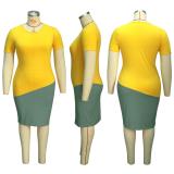 Plus Size Contrast Color Short Sleeve Bodycon Dress Without Belt ME-6050