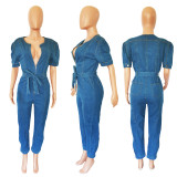 Denim Short Sleeve Zipper Sashes Jeans Jumpsuit LX-6945
