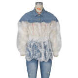 Sexy Denim Lace Patchwork Drawstring Long Sleeve Shirt ZSD-0497