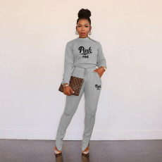 Pink Letter Print Long Sleeve Two Piece Pants Sets XMF-160