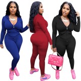 Solid Ribbed Hooded Zipper Two Piece Pants Sets YD-8649