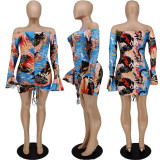 Off Shoulder Fashion Sexy Graffiti Print Ruffle Sleeve Dress APLF-5025