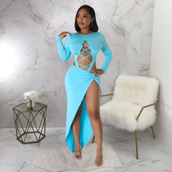 Sexy Hollow Out Long Sleeve Bodysuit+Long Skirt 2 Piece Sets YF-10271