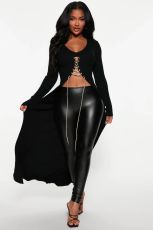 Solid Ribbed Long Sleeve Lace-Up Long Top YMEF-5077
