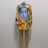 Plus Size Casual Printed Long Sleeve Shirt Dress SMR-9784