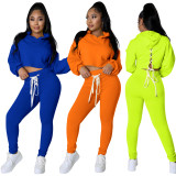 Solid Lace-Up Hoodie Pants 2 Piece Sets YD-8651