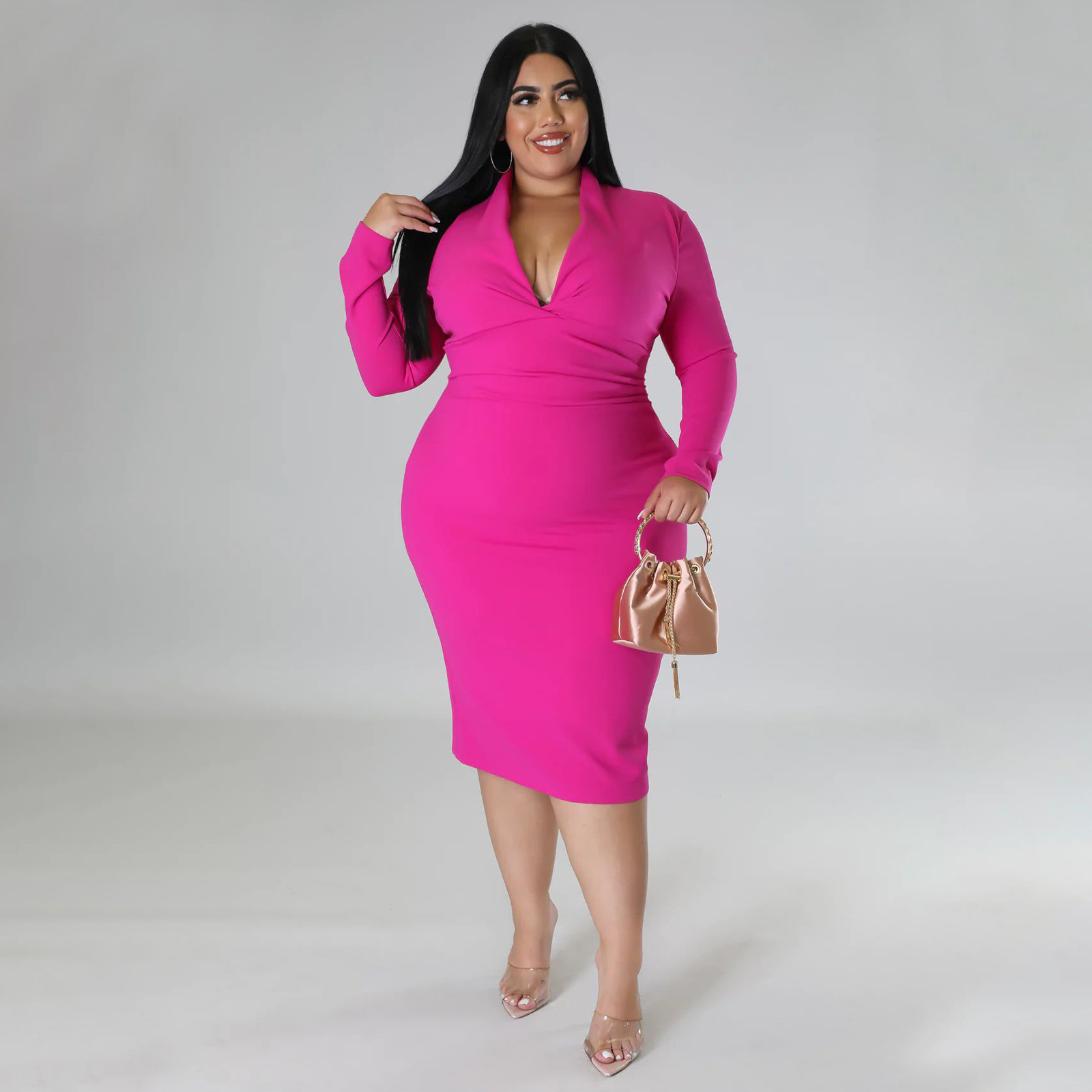 Dear Fashion Wholesale Plus Size Solid V Neck Long Sleeve Midi Dress dear-fashion-plus-size-solid-sling-maxi-dress-ny-10420-with-wholesale