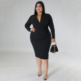 Plus Size Solid V Neck Long Sleeve Midi Dress NNWF-7656