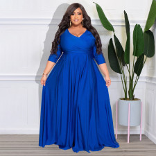 Plus Size Solid V Neck 3/4 Sleeve High Waist Evening Dress NNWF-7670