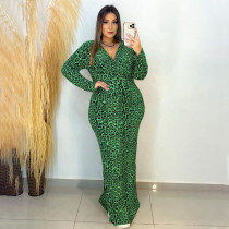 Plus Size Leopard Print V Neck Long Sleeve Maxi Dress NNWF-7671