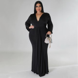 Plus Size Solid V Neck Long Sleeve Maxi Evening Dress NNWF-7662