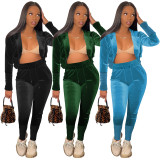 Solid Velvet Hooded Two Piece Pants Sets HHF-9126
