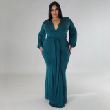 Plus Size Solid V Neck Long Sleeve Maxi Evening Dress NNWF-7662
