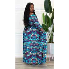 Plus Size Printed Long Sleeve High Split Sashes Maxi Dress NNWF-7643
