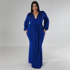 Plus Size Solid V Neck Long Sleeve Maxi Evening Dress NNWF-7662