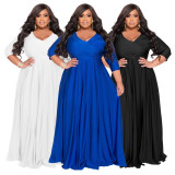 Plus Size Solid V Neck 3/4 Sleeve High Waist Evening Dress NNWF-7670