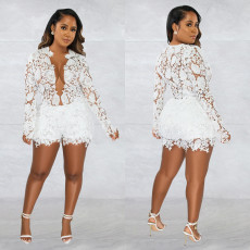 Sexy Hollow Out Long Sleeve Top And Shorts 2 Piece Sets BY-5986