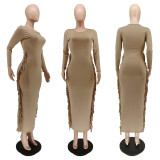 Solid Tassel Long Sleeve Slim Maxi Dress CJF-3079