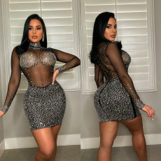 Sexy Mesh Hot Drilling Long Sleeve Night Club Dress GOSD-6699