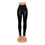 PU Leather Black High Waist Ruched Split Tight Pants GOSD-1292