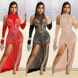 Sexy Mesh Hot Drilling Split Night Club Dress (Without Gloves)GOSD-6794