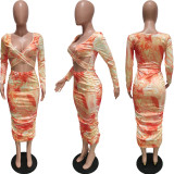 Tie Dye Print Hollow Out Long Sleeve Midi Dress BGN-267