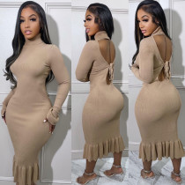 Plus Size Sexy Ribbed Backless Turtleneck Midi Dress BLX-61012