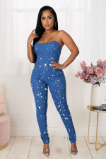 Denim Strapless off Shoulder Tight Jeans Jumpsuit LX-6947