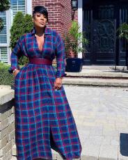 Casual Plaid Print Single-breasted Maxi Dress(Without Belt) ZDF-31236