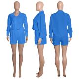 Fashion Casual Solid Long Sleeve Shirt Shorts Two Piece Set HEJ-8161