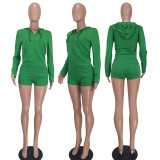 Solid Zipper Hoodie Shorts Two Piece Sets YD-8653