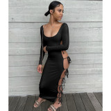 Sexy Lace-Up Hollow Out Long Sleeve Maxi Dress DDF-88186