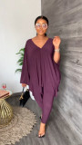 Plus Size Solid V Neck Loose Top And Pants 2 Piece Sets MK-3130