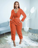 Plus Size Solid Long Sleeve Two Piece Pants Sets PHF-13305