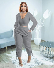 Plus Size Solid Long Sleeve Two Piece Pants Sets PHF-13305