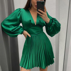 Sexy V Neck Long Sleeve Pleated Mini Dress ME-8204