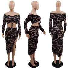 Fashion Print Long Sleeve Irregular Long Skirt Two Piece Set QGBF-8034