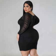 Plus Size Sexy Ruched Long Sleeve Bodycon Dress NNWF-7697