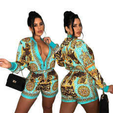 Casual Print Zip Long Sleeve Shorts Two Piece Set GYSF-7142