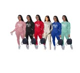 Plus Size PINK Letter Print Hooded Sweatshirt And Pants 2 Piece Set OUQF-069