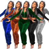 Solid Velvet Hooded Ruched Two Piece Pants Sets ME-8210
