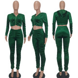 Fashion Velvet Ruched Hooded Cropped Coat And Pants 2 Piece Set YD-8655