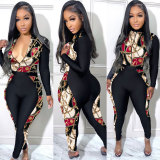 Plus Size Printed Patchwork Zipper Tight Jumpsuit NY-10276