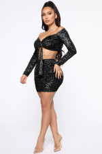 Sexy Sequin Long Sleeve Mini Skirt Two Piece Sets ME-8215