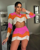 Sexy Knit Long Sleeve Crop Top Mini Skirt 2 Piece Sets ME-8208