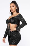 Sexy Sequin Long Sleeve Mini Skirt Two Piece Sets ME-8215