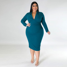 Plus Size V-Neck Solid Color Long Sleeve Midi Dress ONY-7038