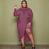 Plus Size Print Solid Color Long Sleeve Midi Dress XMF-163