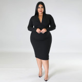 Plus Size V-Neck Solid Color Long Sleeve Midi Dress ONY-7038